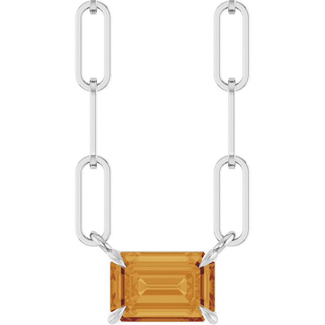 14K Gold Emerald Natural Citrine Solitaire Necklace - White Gold