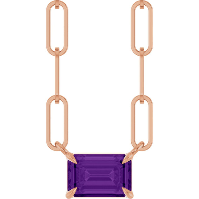 14K Gold Emerald Natural Amethyst Solitaire Necklace - Rose Gold