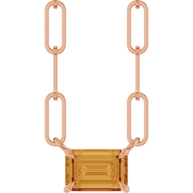 14K Gold Emerald Natural Citrine Solitaire Necklace - Rose Gold