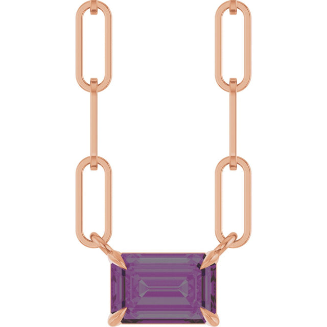 14K Gold Emerald Lab-Grown Alexandrite Solitaire Necklace - Rose Gold