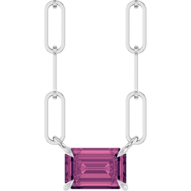 14K Gold Emerald Natural Pink Tourmaline Solitaire Necklace - White Gold