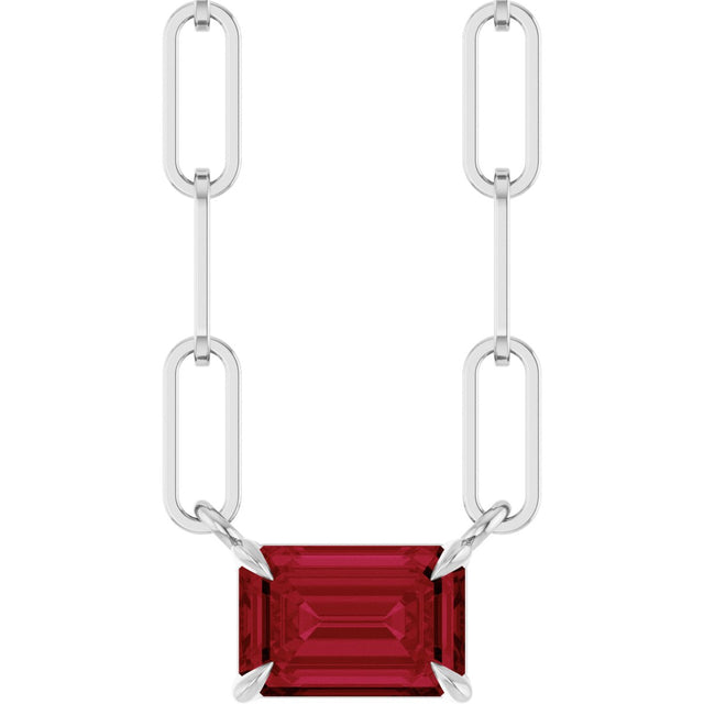 14K Gold Emerald Lab-Grown Ruby Solitaire Necklace - White Gold