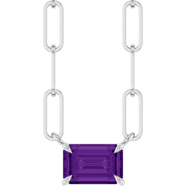 14K Gold Emerald Natural Amethyst Solitaire Necklace - White Gold