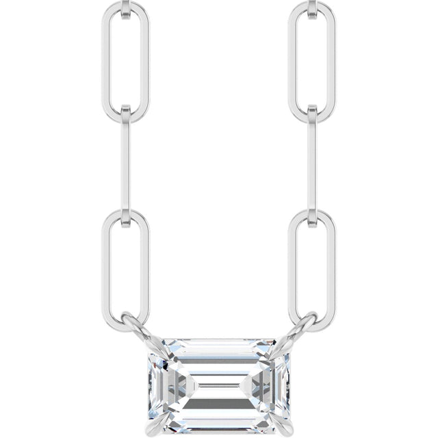 14K Gold Emerald Natural White Sapphire Solitaire Necklace - White Gold