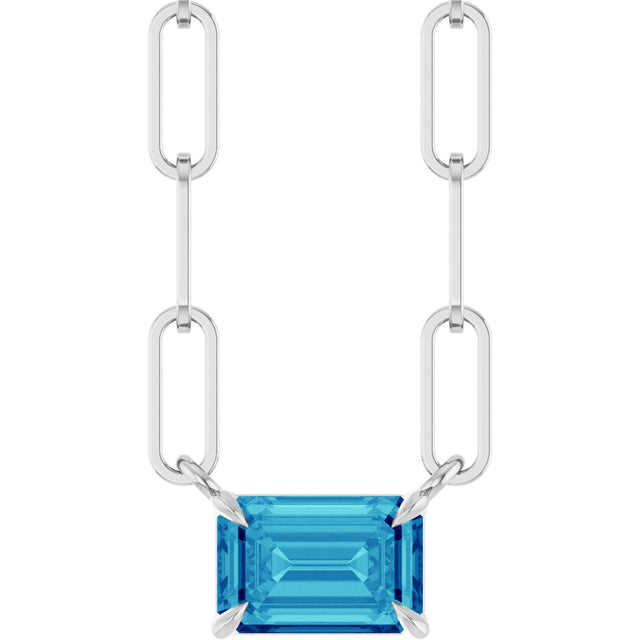 14K Gold Emerald Natural Blue Zircon Solitaire Necklace - White Gold
