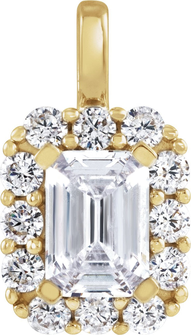 14K Gold Emerald Lab-Grown Diamond Halo-Style Pendant - Yellow Gold