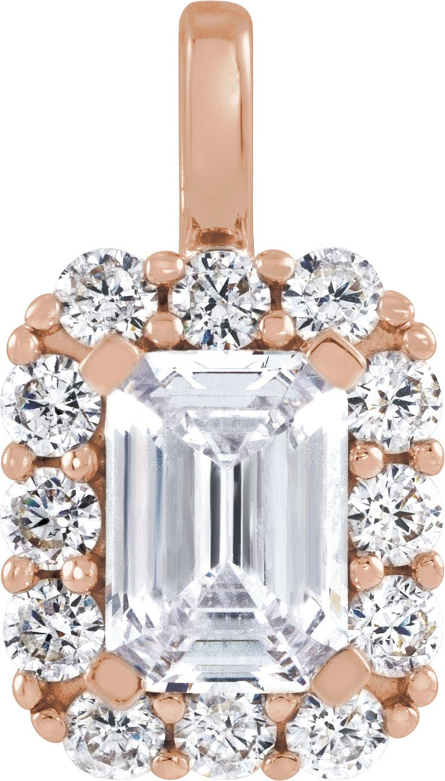 14K Gold Emerald Lab-Grown Diamond Halo-Style Pendant - Rose Gold