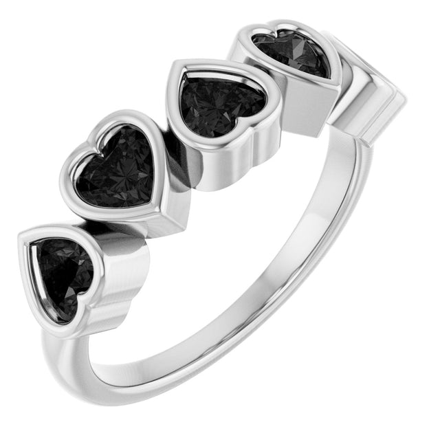 14K Gold Natural Black Onyx Five-Stone Heart Ring - White Gold