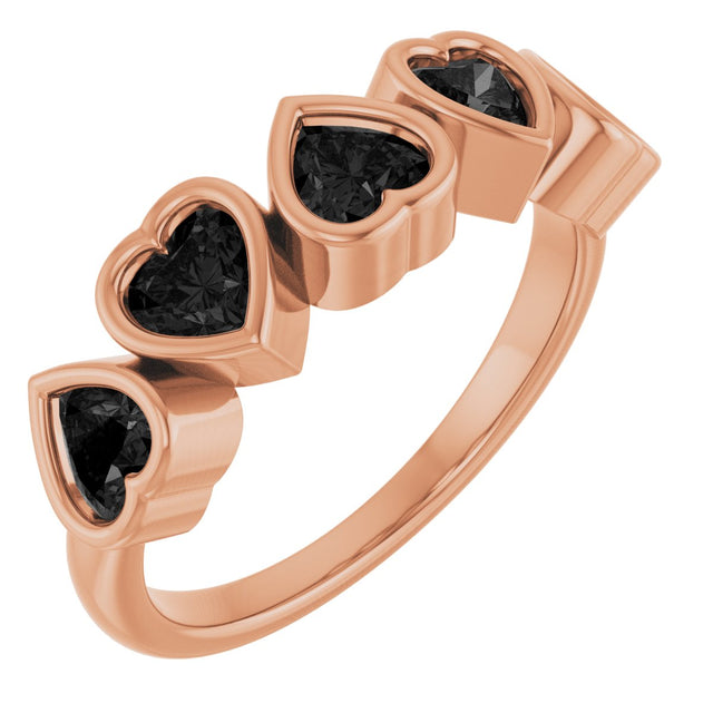 14K Gold Natural Black Onyx Five-Stone Heart Ring - Rose Gold