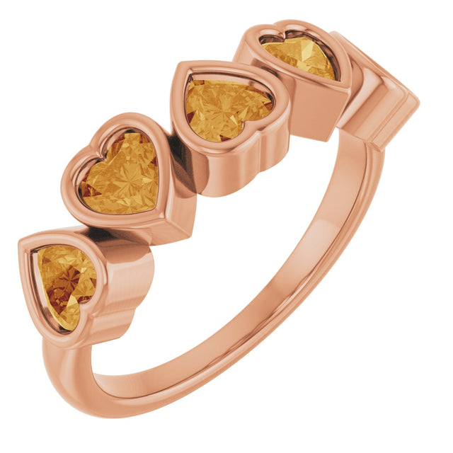 14K Gold Natural Citrine Five-Stone Heart Ring - Rose Gold