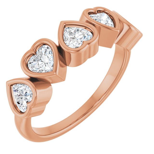 14K Gold Natural White Sapphire Five-Stone Heart Ring - Rose Gold