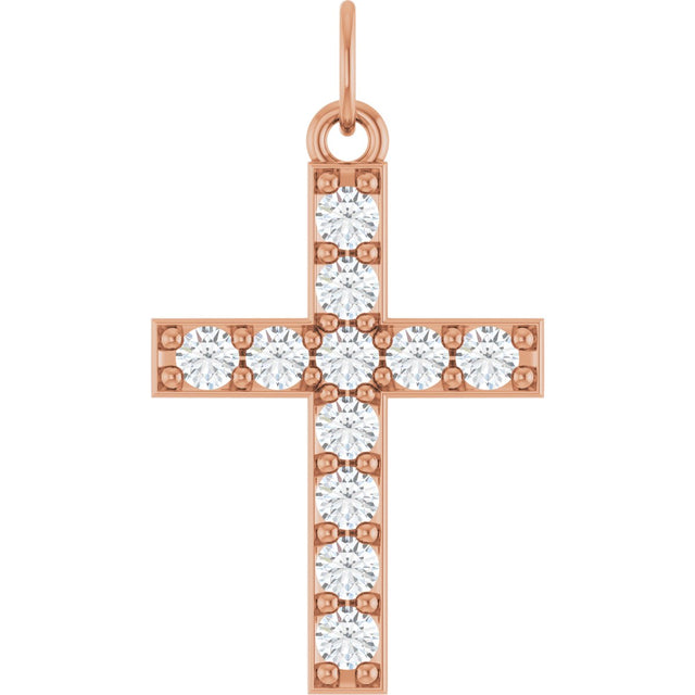 14K Gold Round Lab-Grown Diamond Accented Cross Pendant – 2mm Stones - Rose Gold