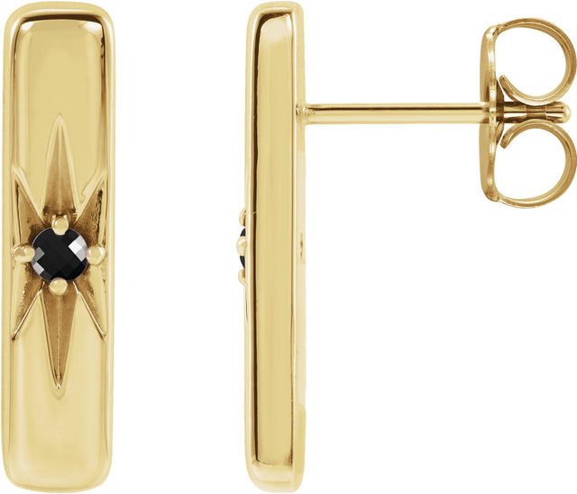 14K Gold Round Natural Black Onyx Accented Bar Earrings - Yellow Gold