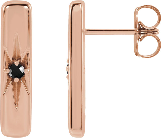 14K Gold Round Natural Black Onyx Accented Bar Earrings - Rose Gold
