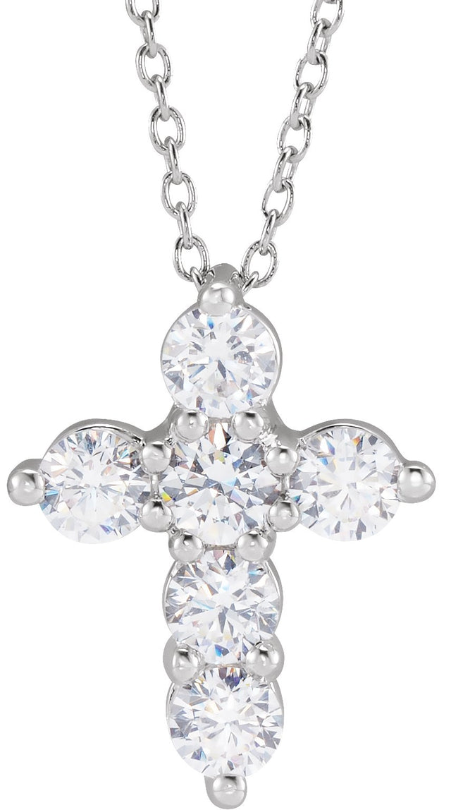 14K Gold Round Lab-Grown Diamond Cross Necklace - White Gold