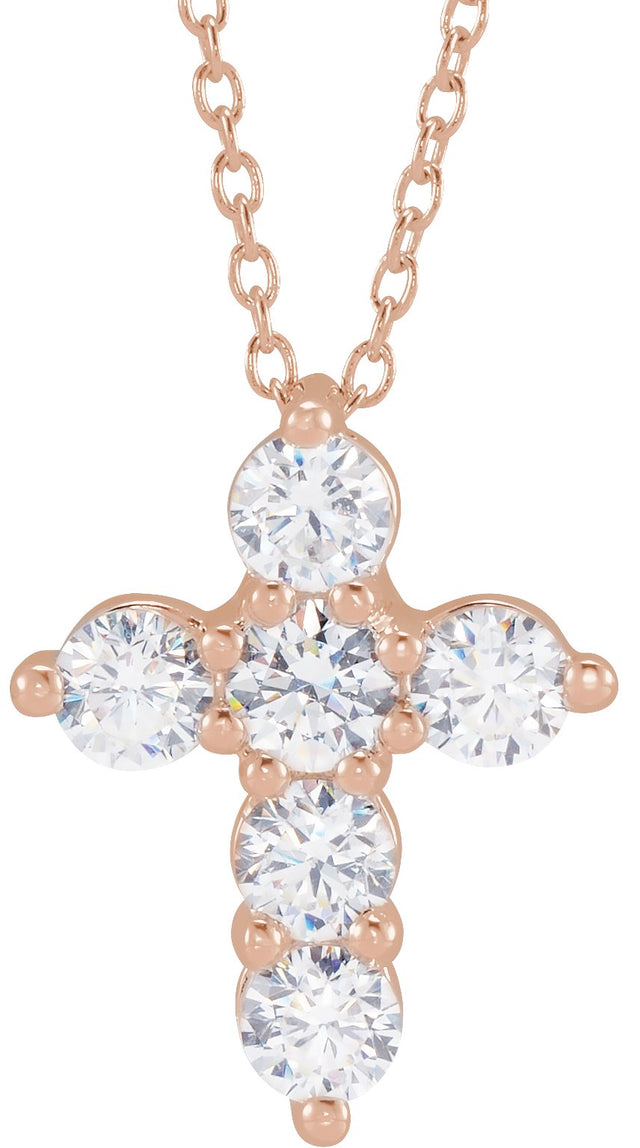 14K Gold Round Lab-Grown Diamond Cross Necklace - Rose Gold