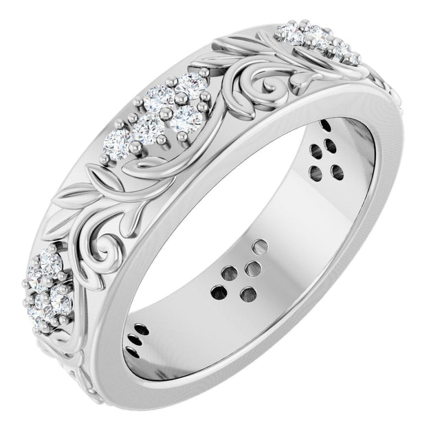 Platinum Round Lab-Grown Diamond Accented Floral Band - 1.5mm Stones