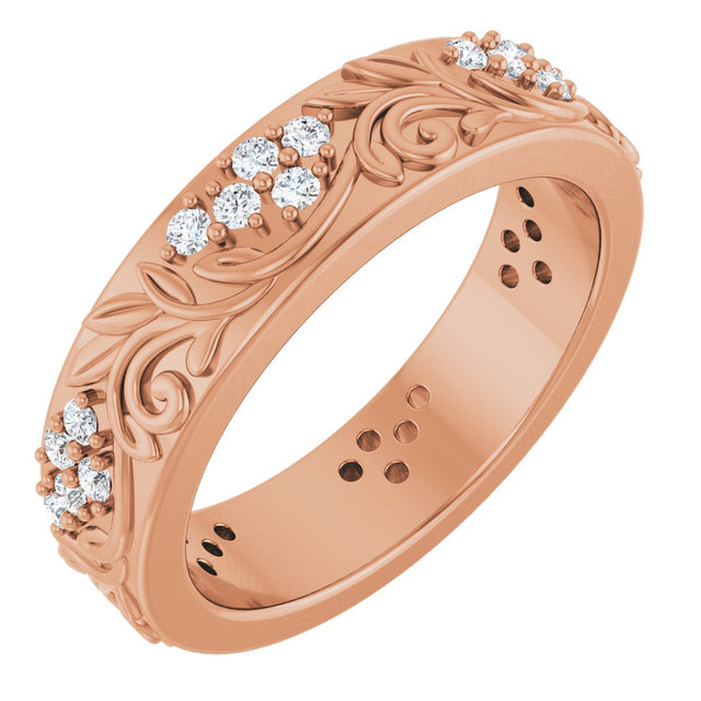 14K Gold Round Natural Diamond Accented Floral Band - 1.5mm Stones - Rose Gold