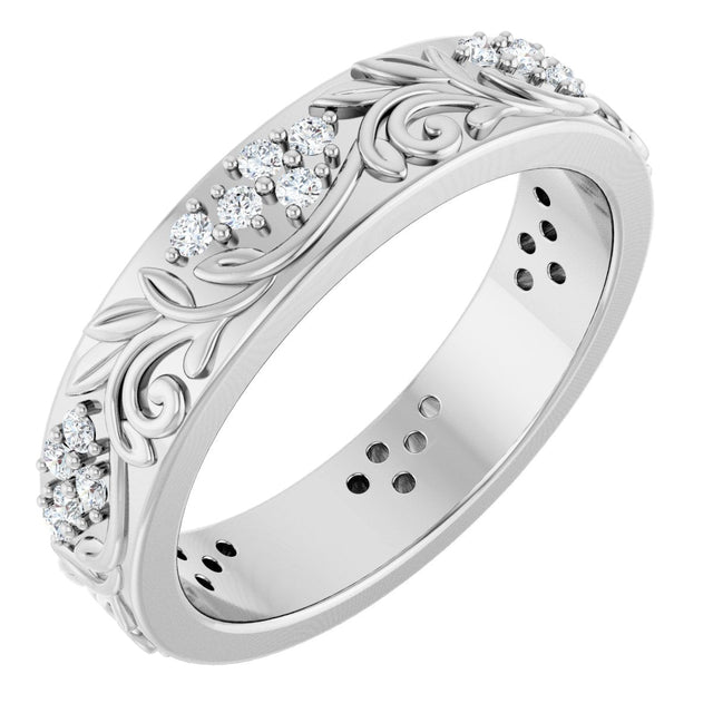 14K Gold Round Lab-Grown Diamond Accented Floral Band - 1.5mm Stones - White Gold