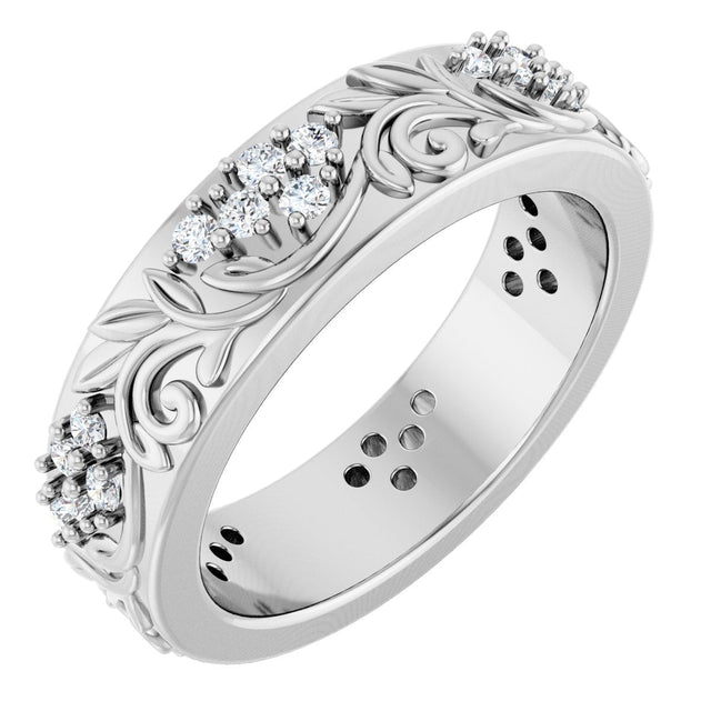 Platinum Round Natural Diamond Accented Floral Band - 1.5mm Stones