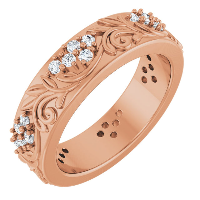 14K Gold Round Lab-Grown Diamond Accented Floral Band - 1.5mm Stones - Rose Gold