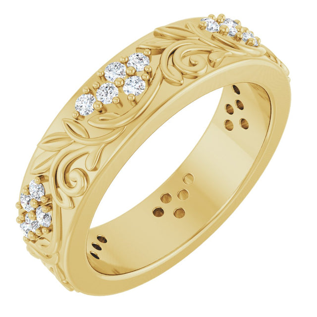 14K Gold Round Lab-Grown Diamond Accented Floral Band - 1.5mm Stones - Yellow Gold