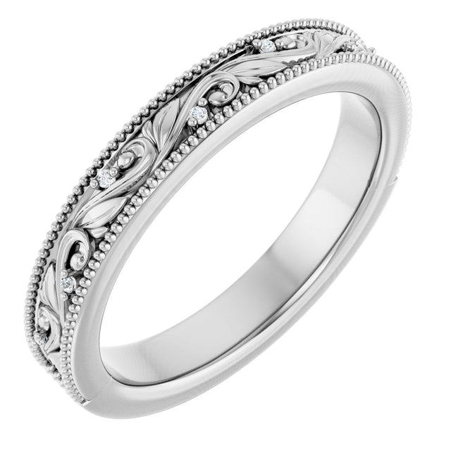 Platinum Round Natural Diamond Milgrain Edge Accented Floral Band - 02-06 CTW