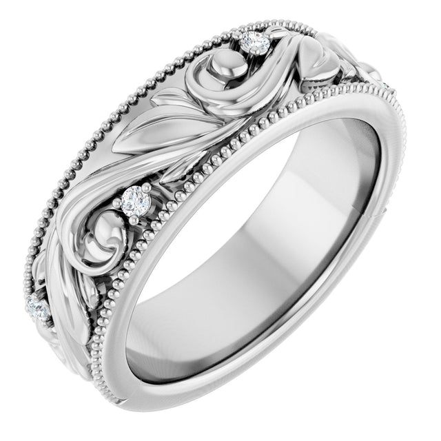 14K Gold Round Natural Diamond Milgrain Edge Accented Floral Band - 02-06 CTW - White Gold