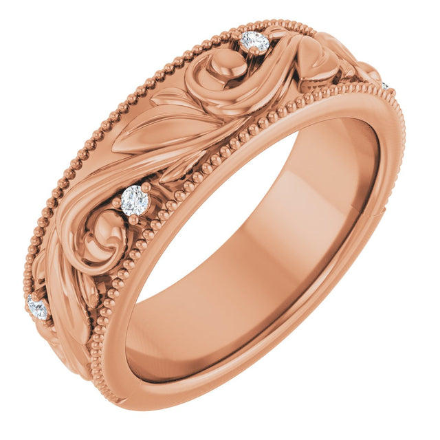 14K Gold Round Natural Diamond Milgrain Edge Accented Floral Band - 02-06 CTW - Rose Gold
