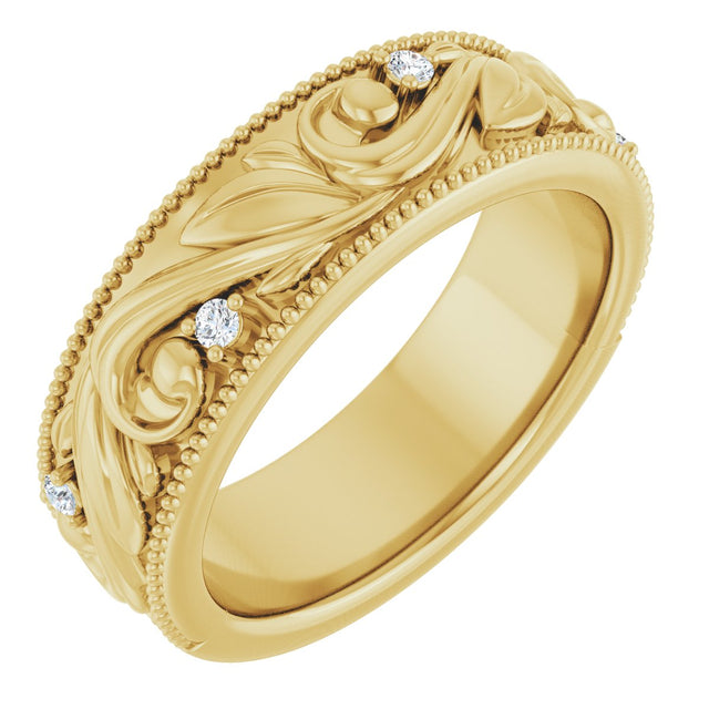 14K Gold Round Lab-Grown Diamond Milgrain Edge Accented Floral Band - 02-06 CTW - Yellow Gold