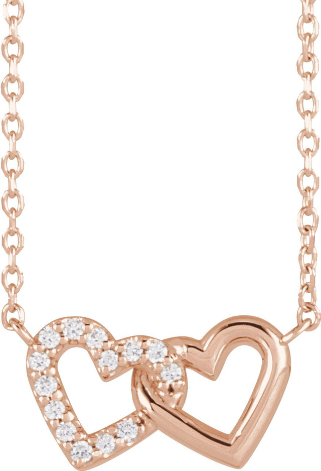 14K Gold Round Natural Diamond Interlocking Heart Necklace - Rose Gold