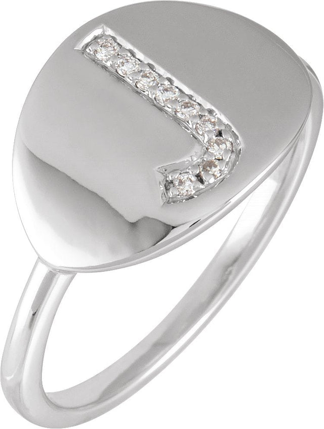14K Gold Round Natural Diamond Accented Initial Signet Ring - White Gold