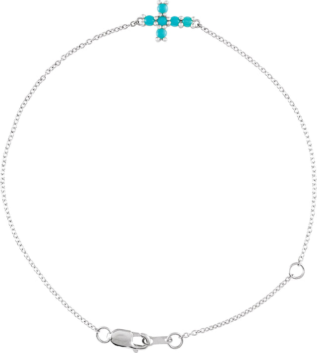 14K Gold Round Natural Turquoise Sideways Cross Bracelet - White Gold
