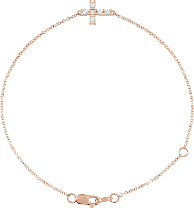 14K Gold Round Natural Diamond Sideways Cross Bracelet – 2mm Stones - Rose Gold