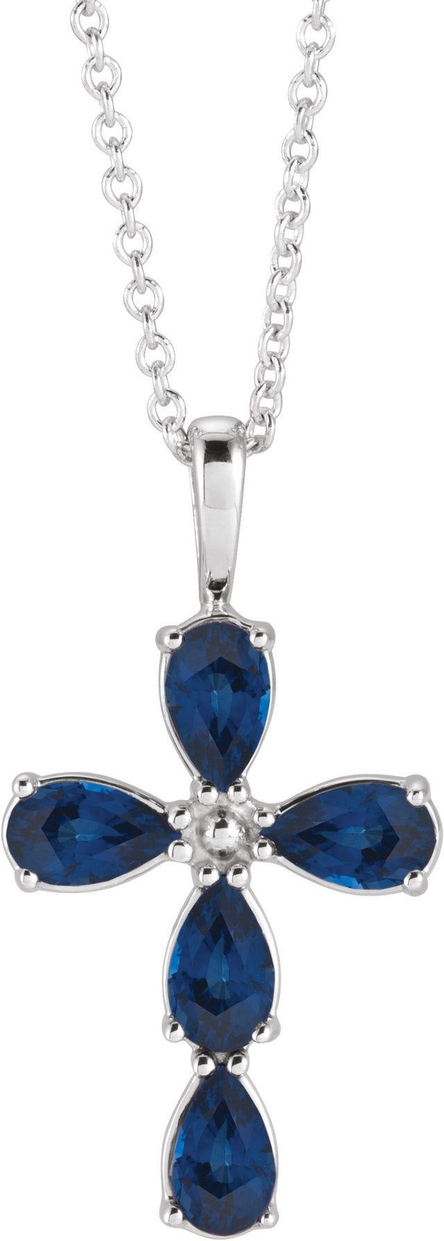 14K Gold Pear Lab-Grown Blue Sapphire Cross Necklace or Pendant - White Gold