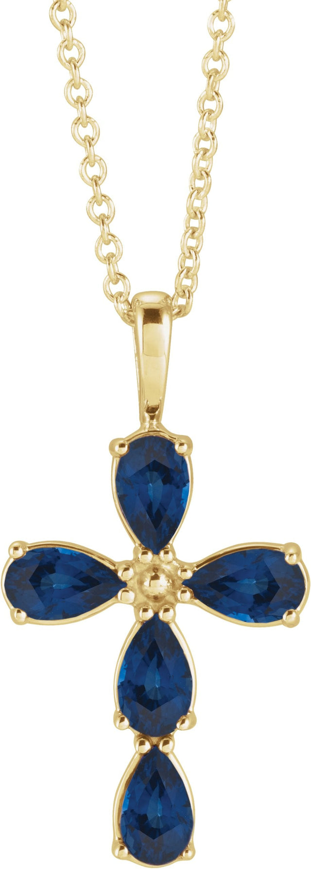 14K Gold Pear Lab-Grown Blue Sapphire Cross Necklace or Pendant - Yellow Gold