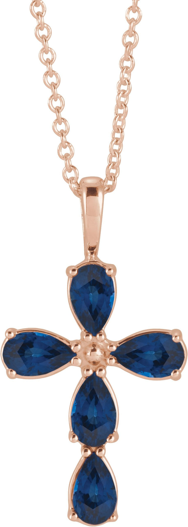 14K Gold Pear Lab-Grown Blue Sapphire Cross Necklace or Pendant - Rose Gold