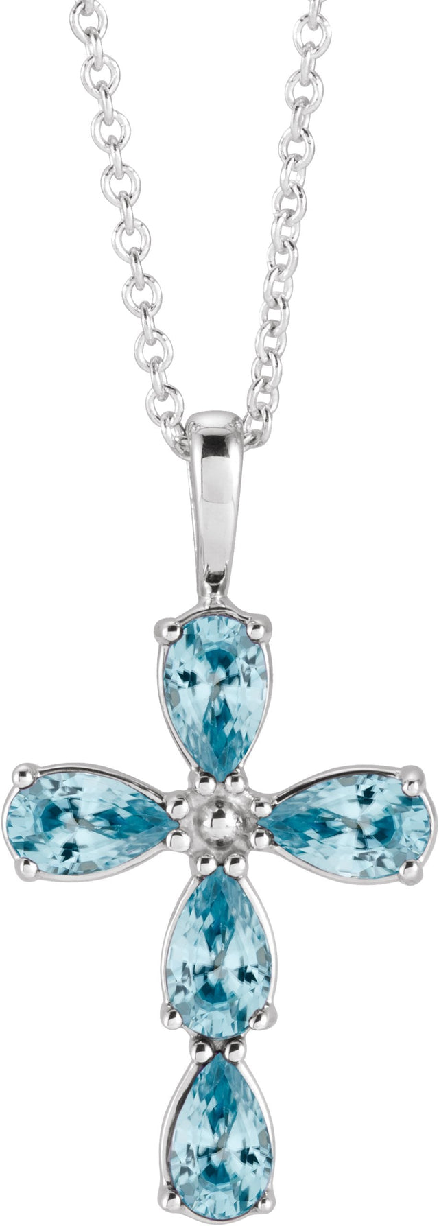14K Gold Pear Natural Blue Zircon Cross Necklace or Pendant - White Gold