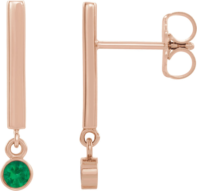 14K Gold Round Natural Emerald Bezel-Set Bar Earrings - Rose Gold