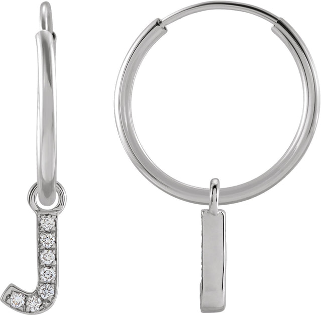 14K Gold Round Natural Diamond Initial Hoop Earrings - White Gold