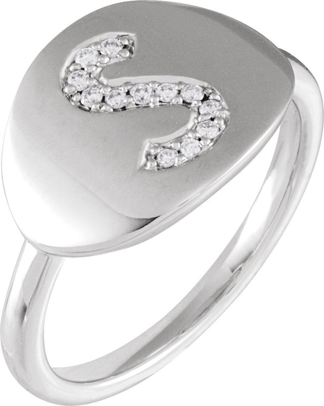14K Gold Round Natural Diamond Accented Initial Signet Ring - White Gold