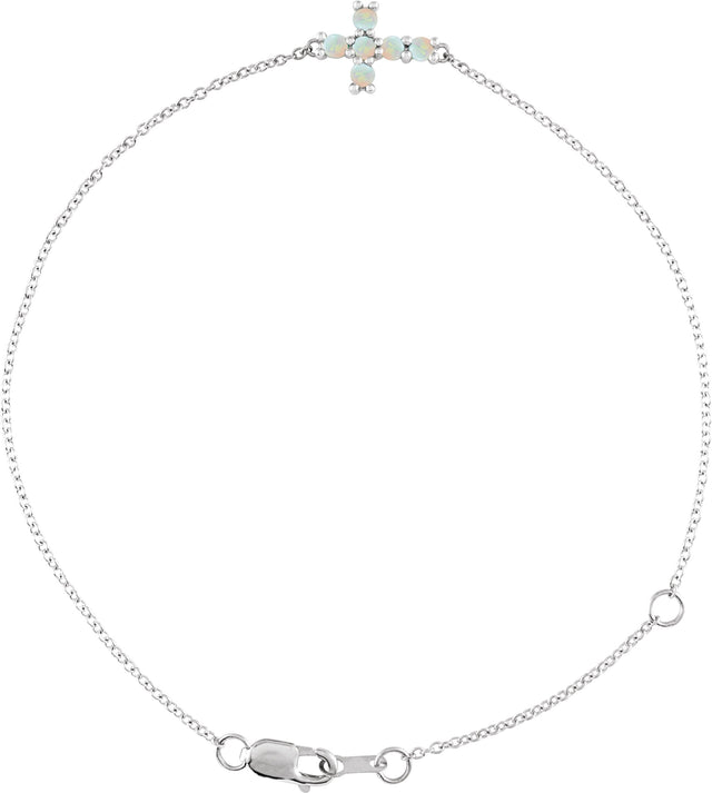 14K Gold Round Natural White Opal Sideways Cross Bracelet - White Gold