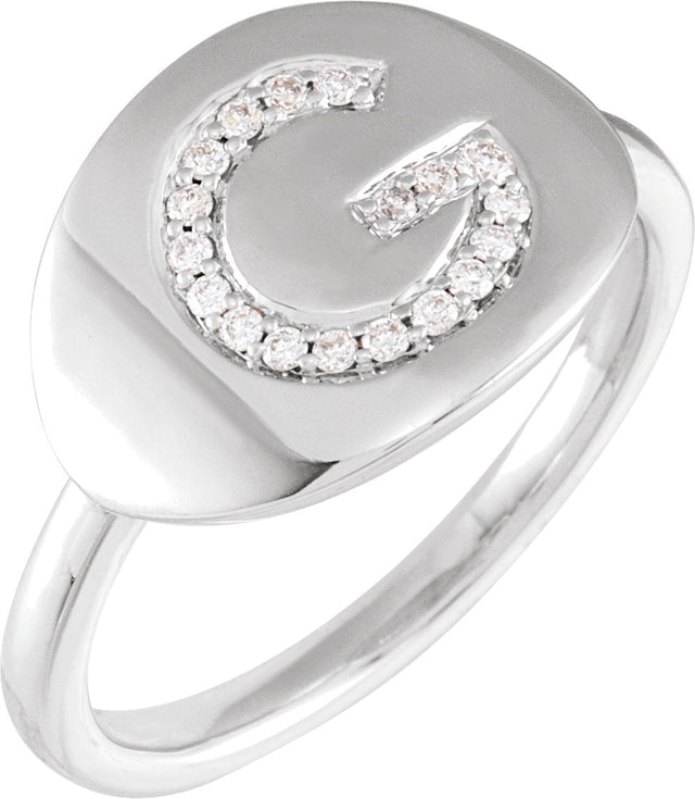 14K Gold Round Natural Diamond Accented Initial Signet Ring - White Gold