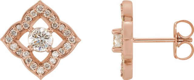 14K Gold Round Natural Diamond Halo-Style Clover Earrings - Rose Gold