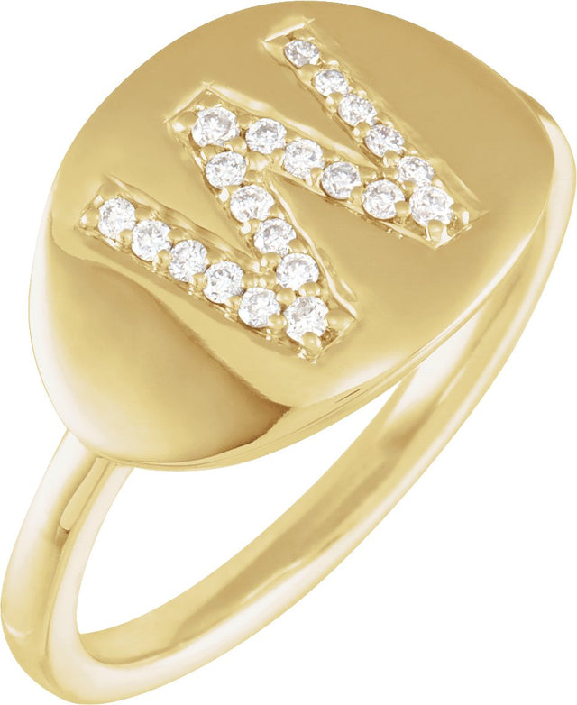 14K Gold Round Natural Diamond Accented Initial Signet Ring - Yellow Gold