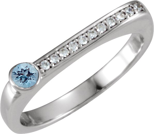 14K Gold Round Natural Aquamarine Family Stackable Ring II - White Gold