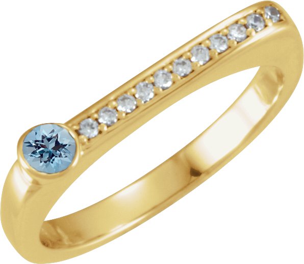 14K Gold Round Natural Aquamarine Family Stackable Ring II - Yellow Gold