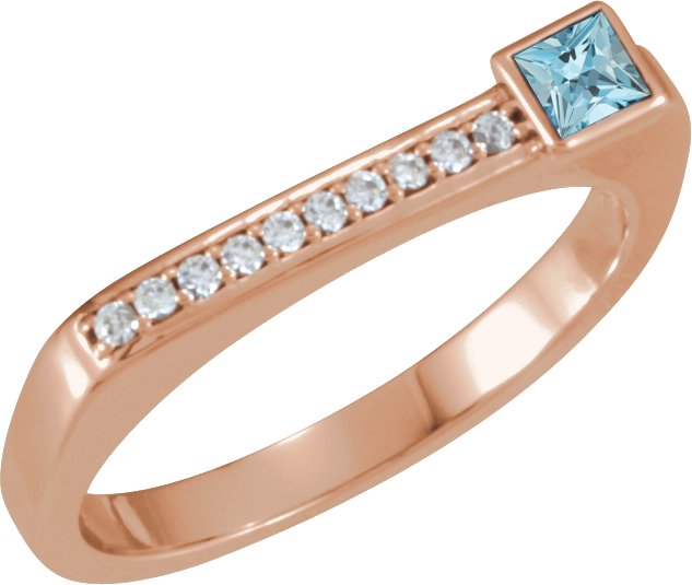 14K Gold Square Natural Aquamarine Family Stackable Ring – 3x3mm - Rose Gold