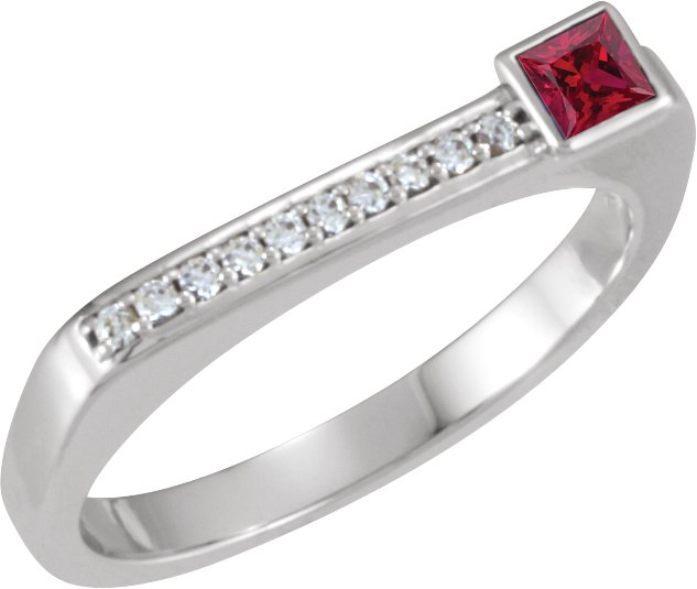 14K Gold Square Natural Ruby Family Stackable Ring – 3x3mm - White Gold