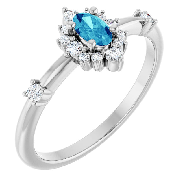 14K Gold Oval Natural Blue Zircon Halo-Style Ring - White Gold